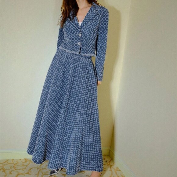 Blue Elegant Womens Denim Jacquard Lapel Collar Raw Edge Jacket & Maxi Skirt Set - Picture 6 of 7